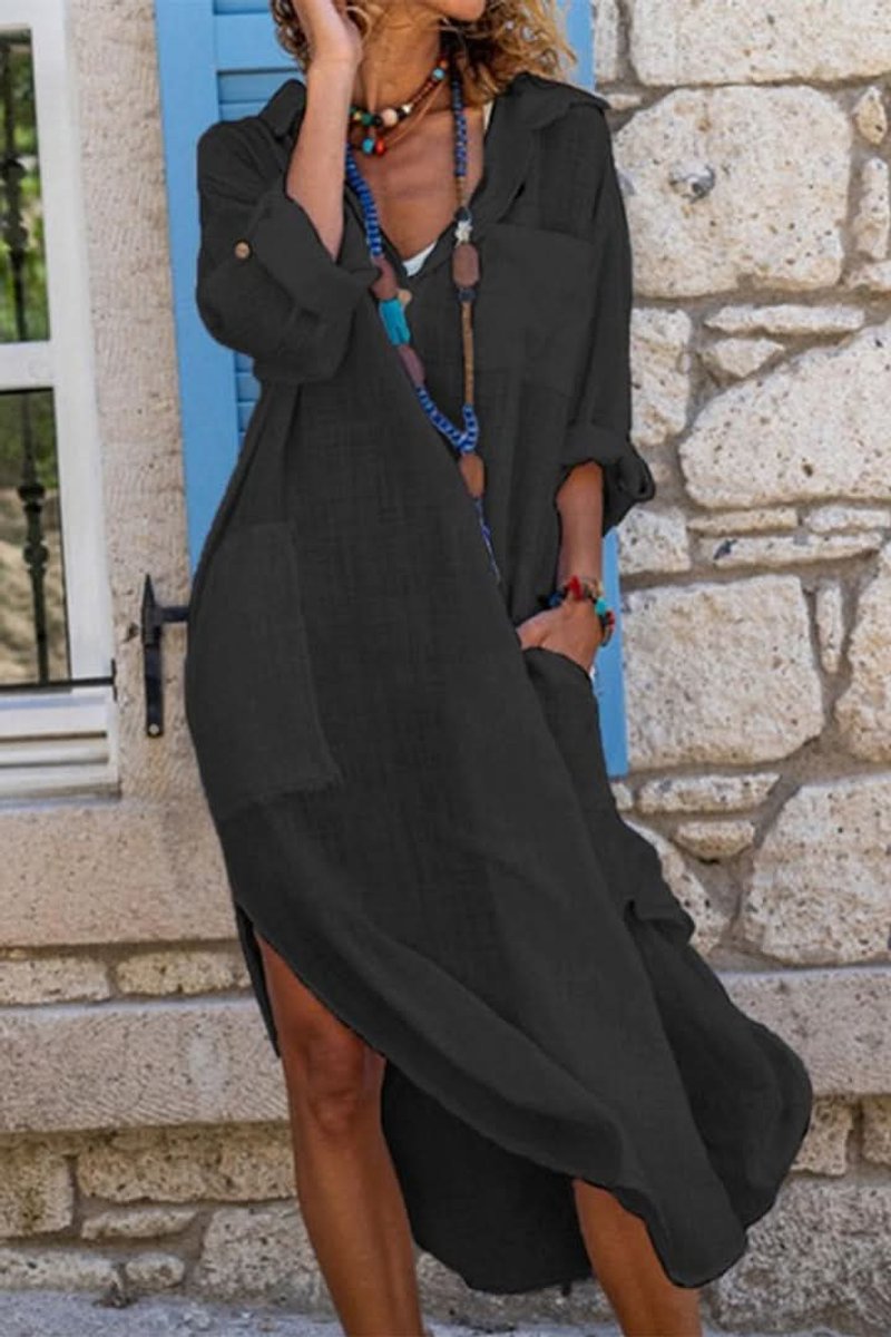 Women's Oversized Linen Midi Evening Gown Shirt Dress - Black