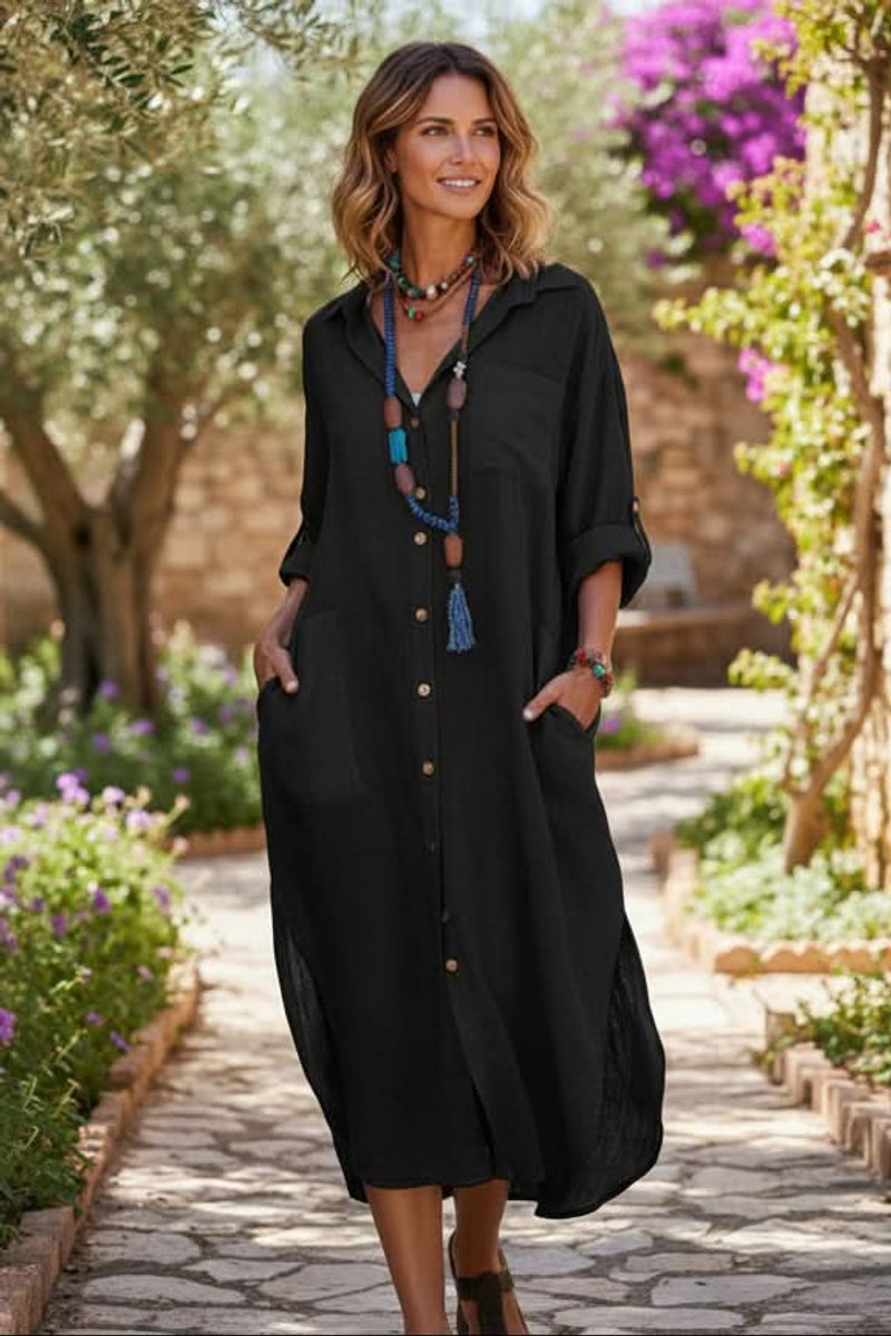 Women's Oversized Linen Midi Evening Gown Shirt Dress