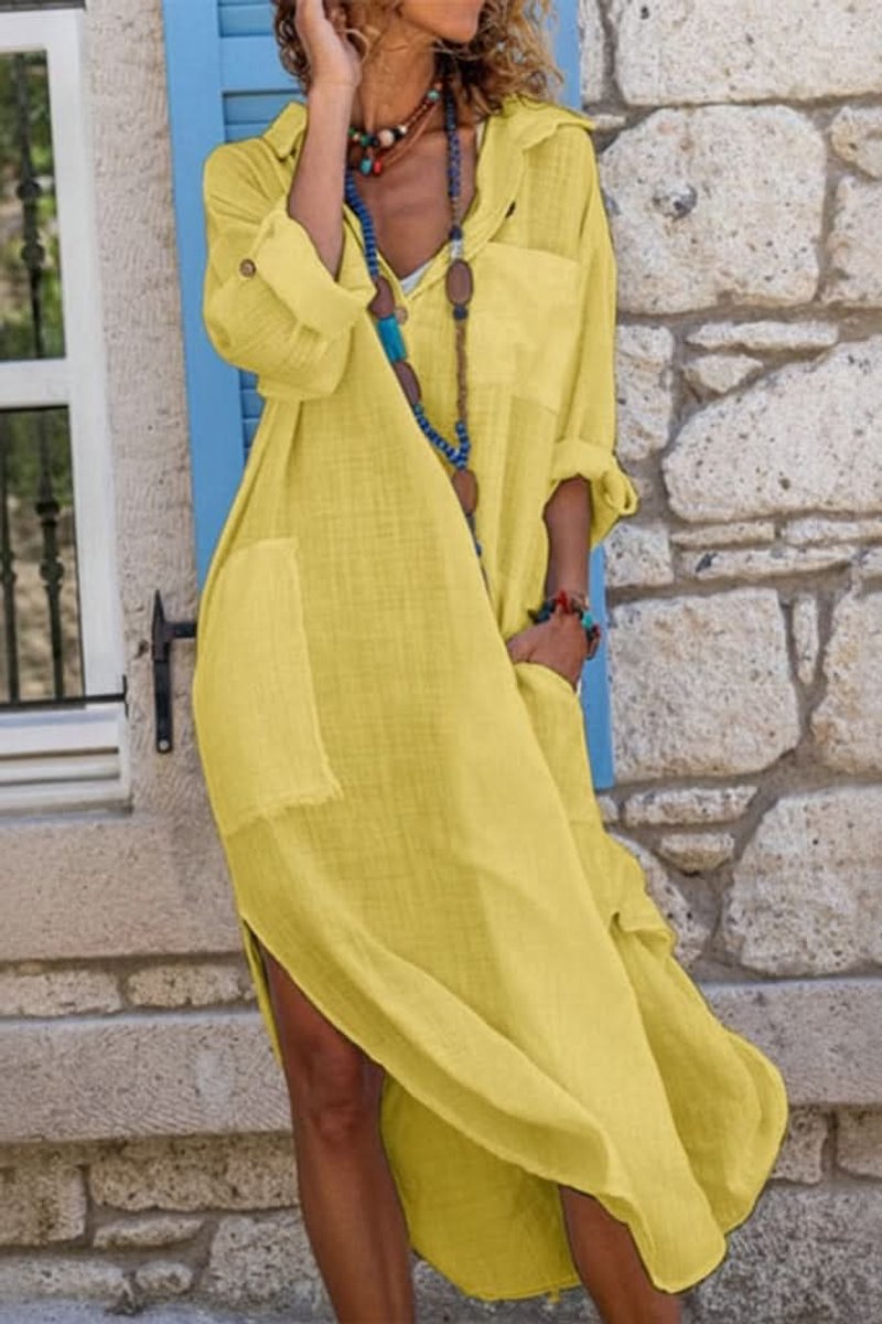 Women's Oversized Linen Midi Evening Gown Shirt Dress - Yellow