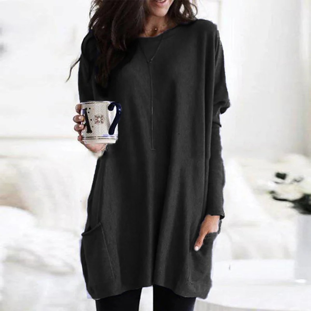 Women's Oversized Long Sleeve Pocket Tunic Top - Black