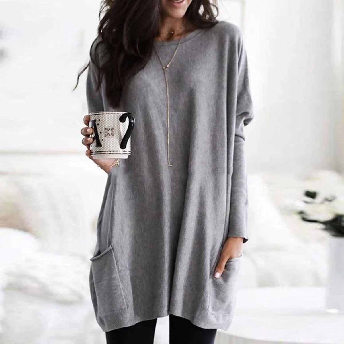 Women's Oversized Long Sleeve Pocket Tunic Top - Gray