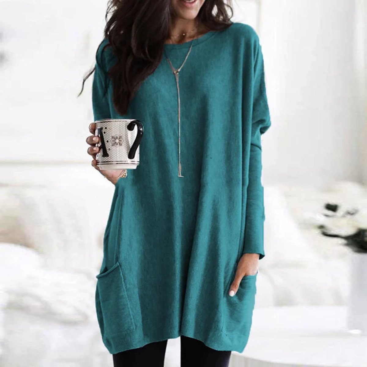 Women's Oversized Long Sleeve Pocket Tunic Top - Turquoise