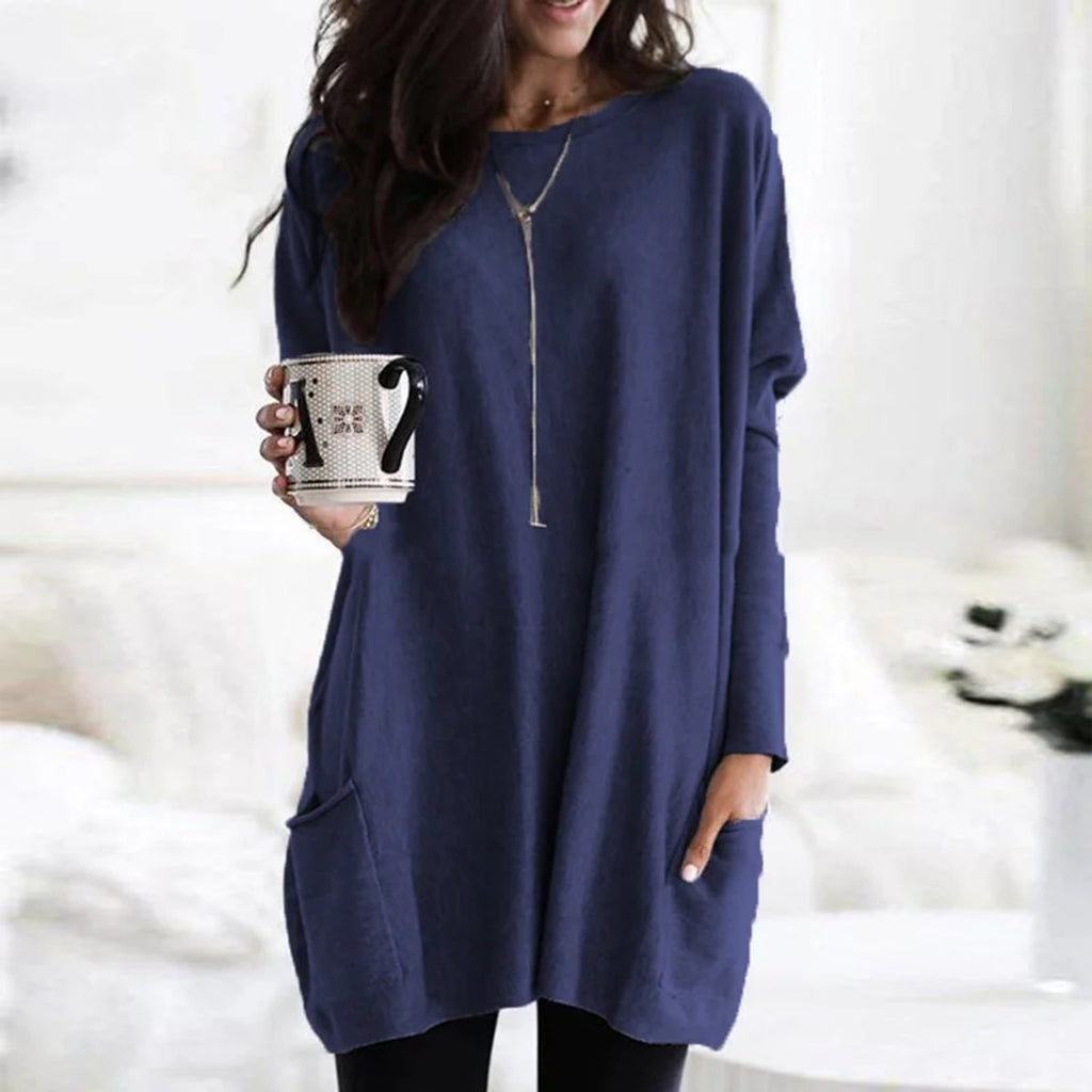 Women's Oversized Long Sleeve Pocket Tunic Top - Navy Blue