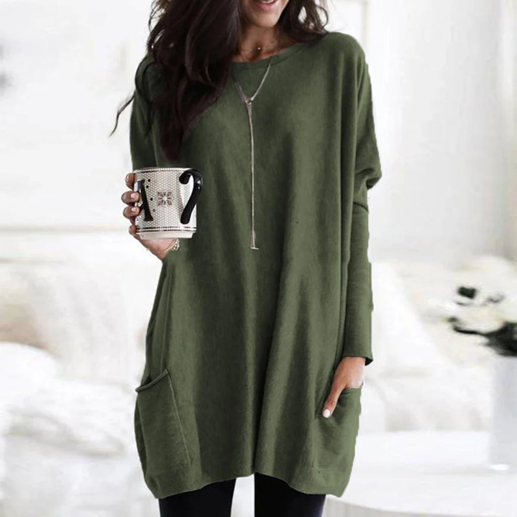 Women's Oversized Long Sleeve Pocket Tunic Top - Olive Green