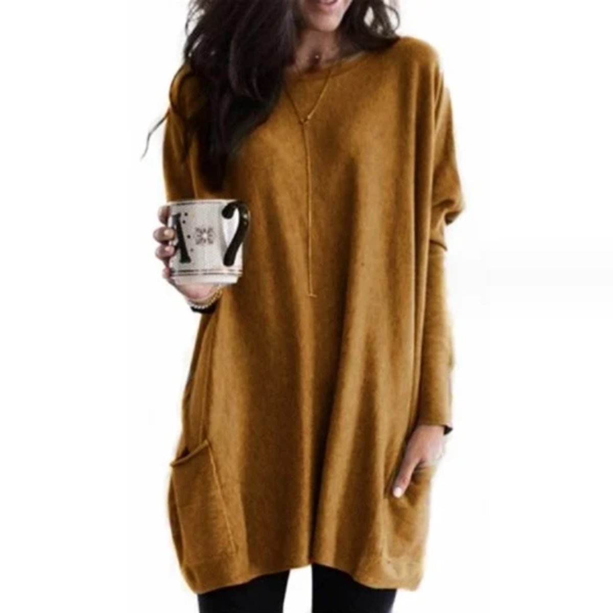 Women's Oversized Long Sleeve Pocket Tunic Top - Brown
