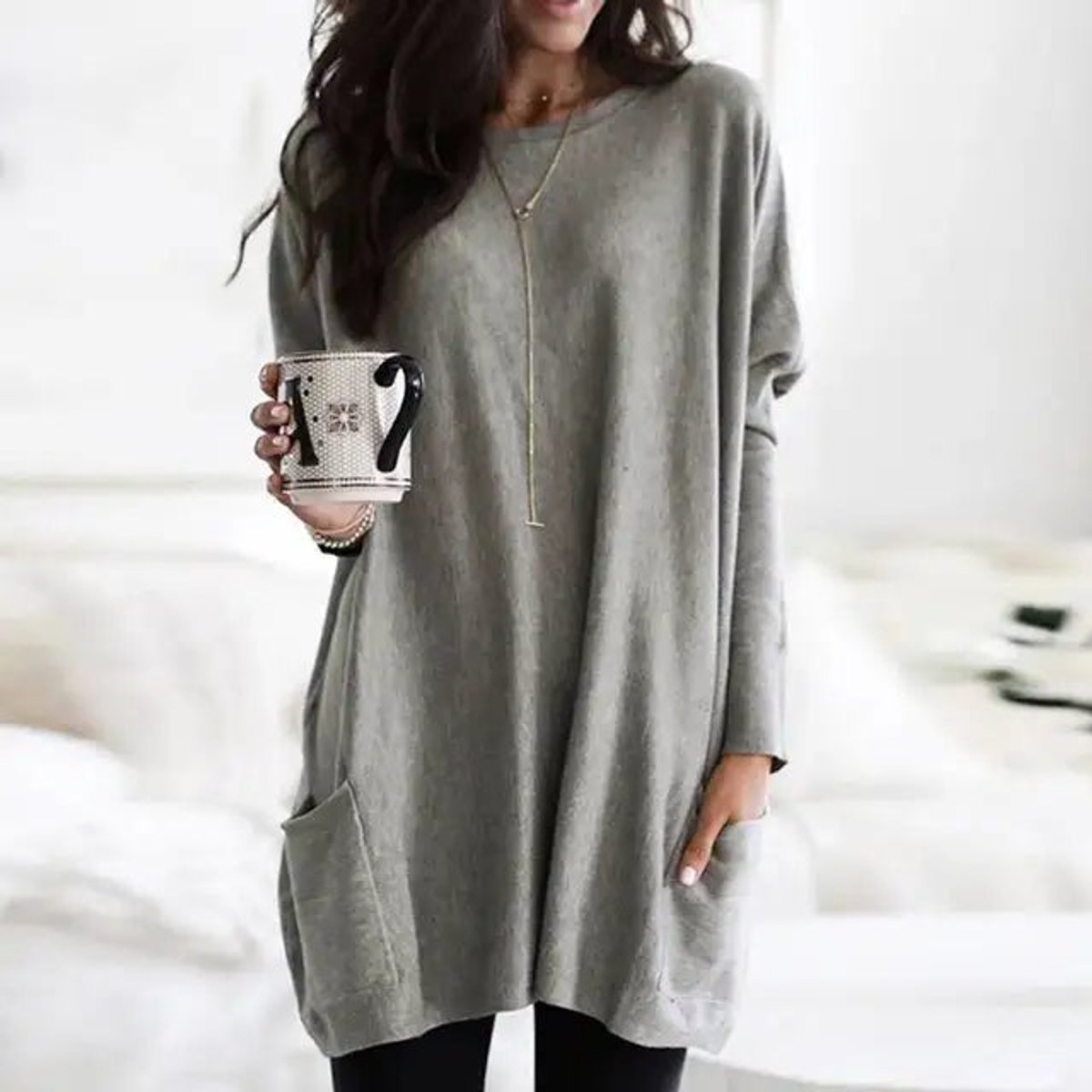 Women's Oversized Long Sleeve Pocket Tunic Top