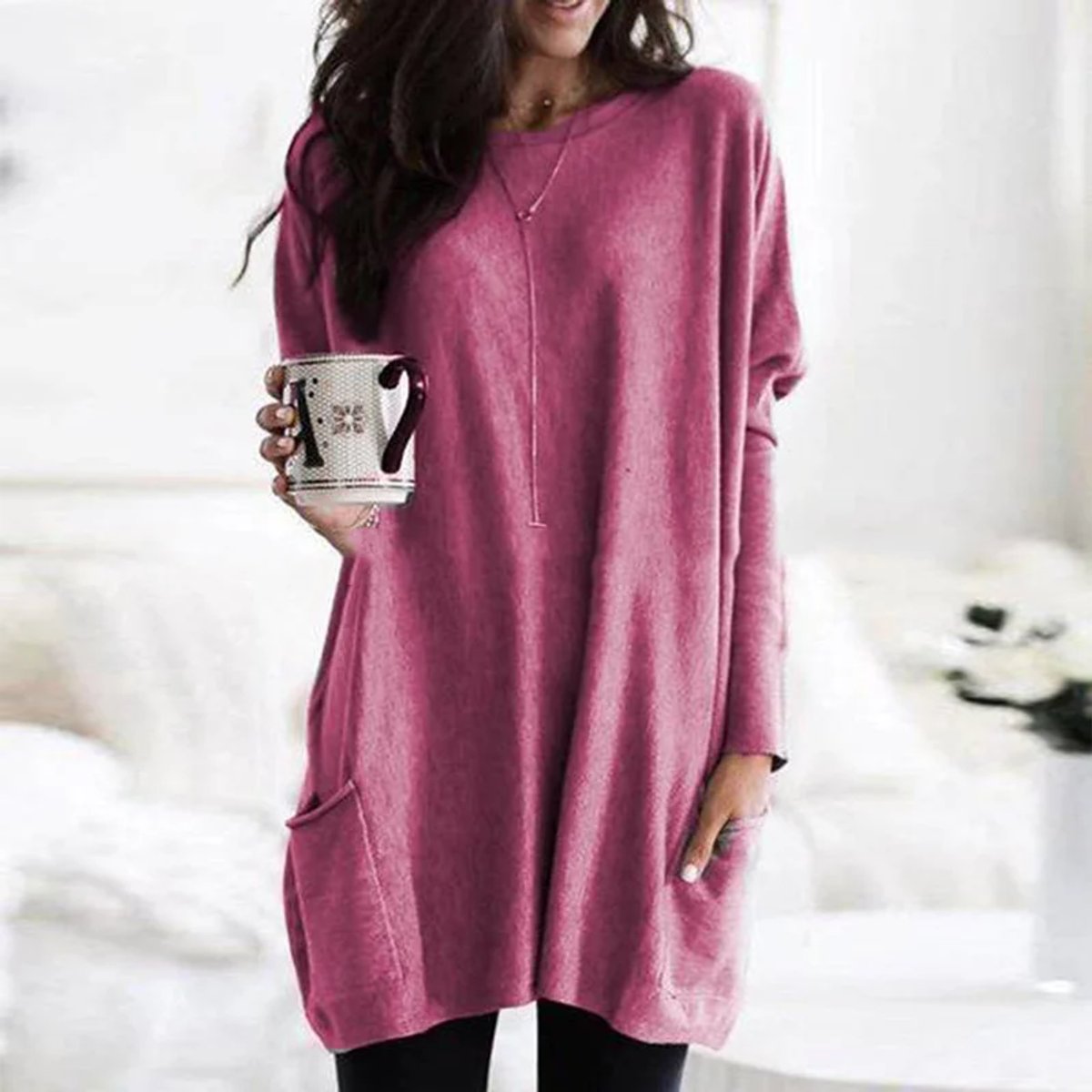 Women's Oversized Long Sleeve Pocket Tunic Top - Pink