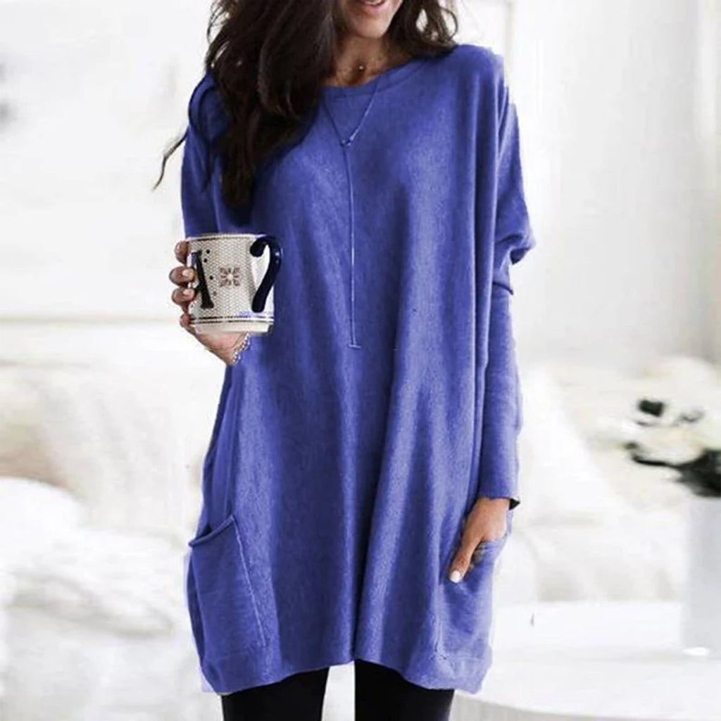 Women's Oversized Long Sleeve Pocket Tunic Top - Blue