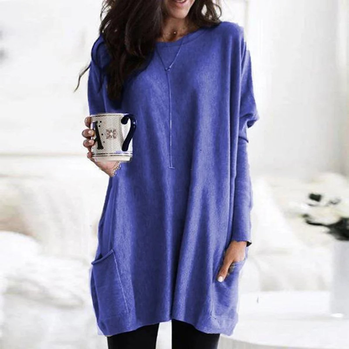 Women's Oversized Long Sleeve Pocket Tunic Top - Blue