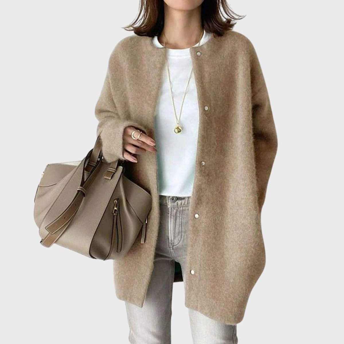 Women's Oversized Open-Front Snap-Button Knit Cardigan - Khaki