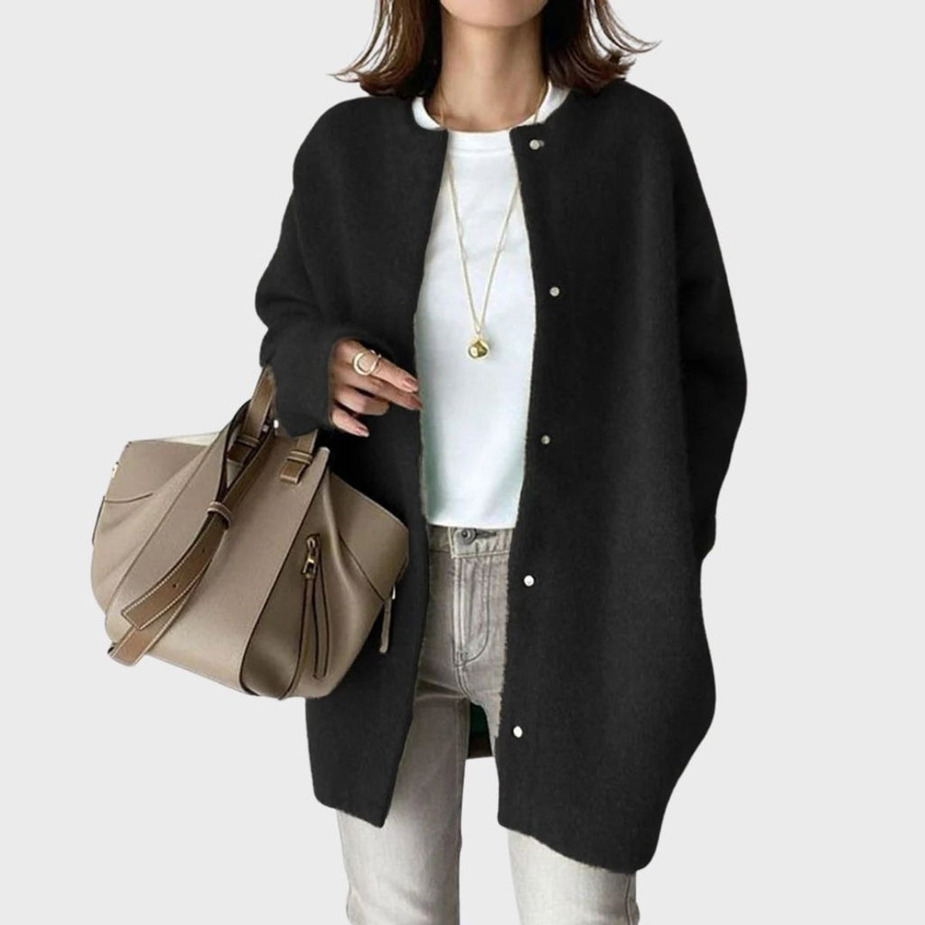 Women's Oversized Open-Front Snap-Button Knit Cardigan - Black