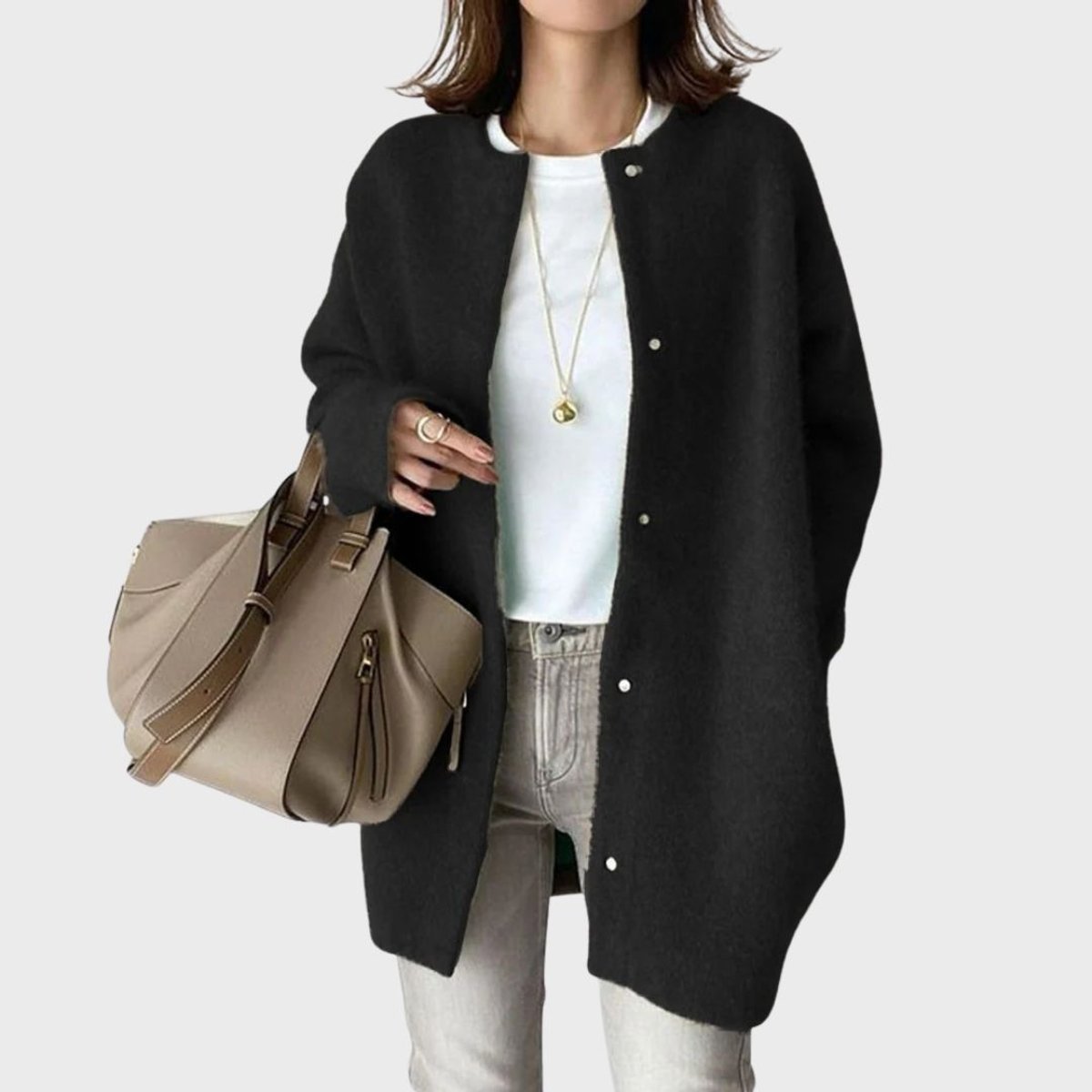 Women's Oversized Open-Front Snap-Button Knit Cardigan - Black
