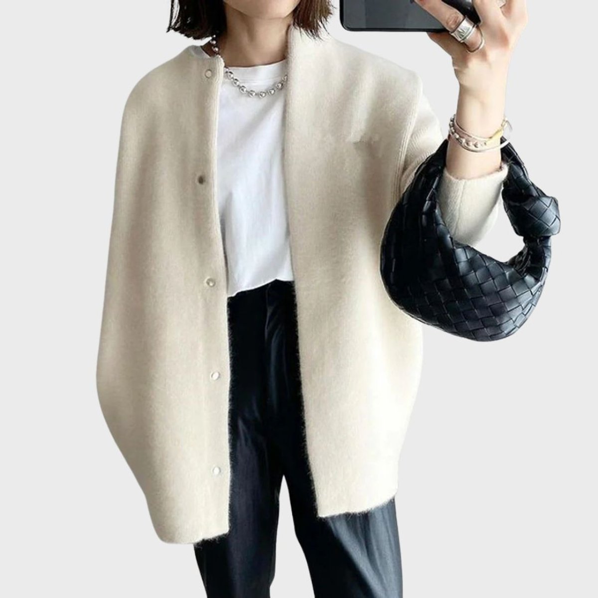 Women's Oversized Open-Front Snap-Button Knit Cardigan - White