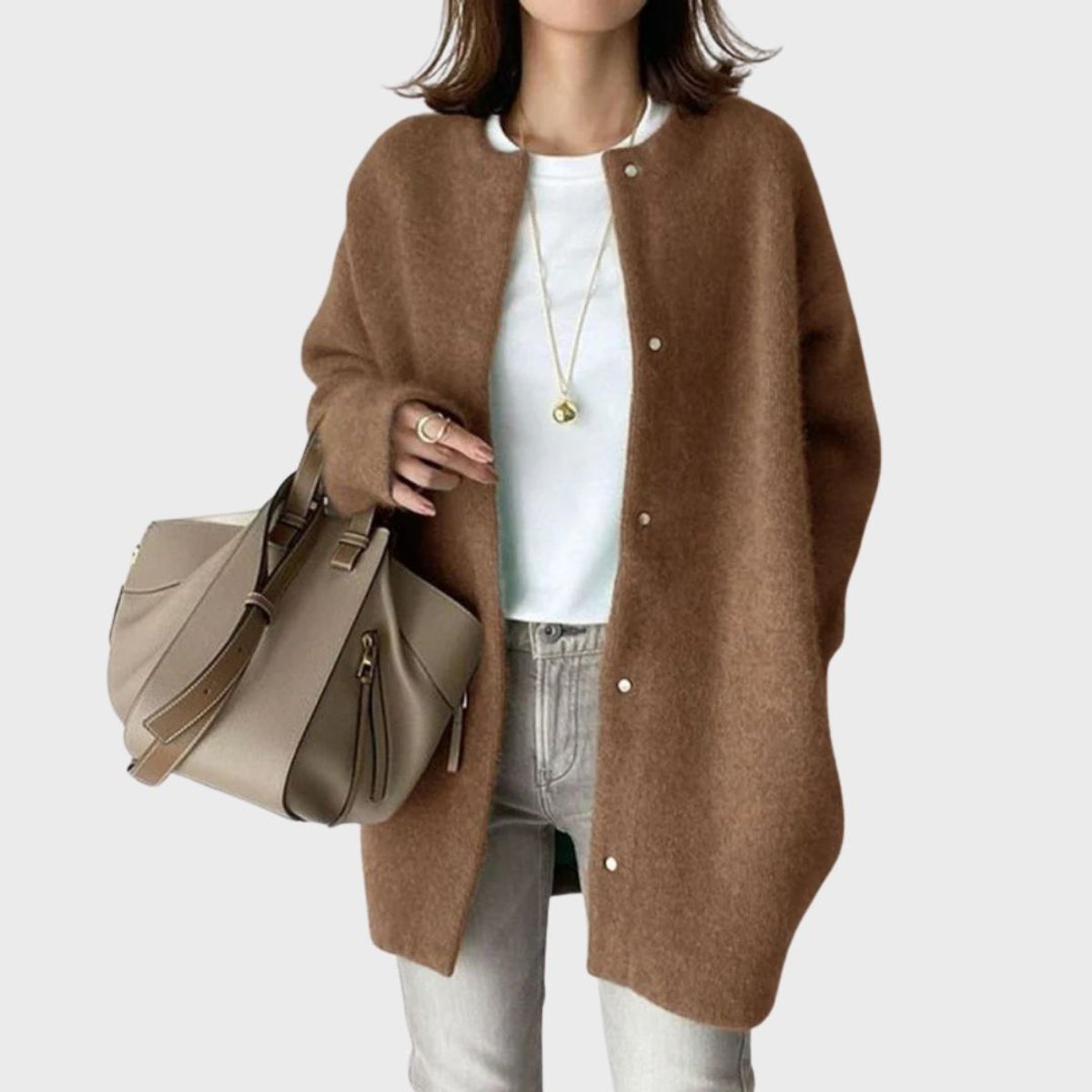 Women's Oversized Open-Front Snap-Button Knit Cardigan - Brown