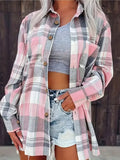 Women's Oversized Plaid Flannel Open-Front Cardigan Shirt - Pink