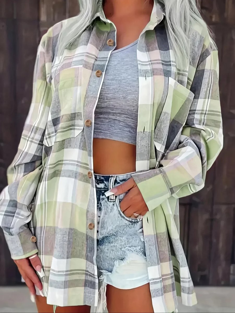 Women's Oversized Plaid Flannel Open-Front Cardigan Shirt - Green
