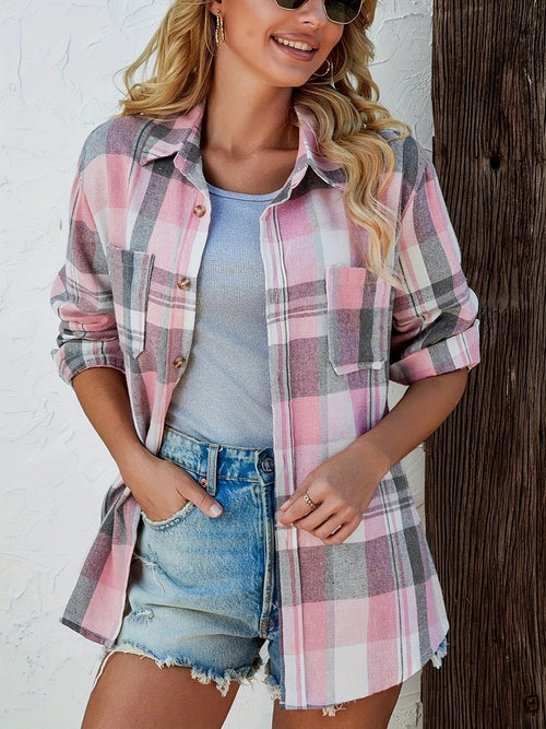 Women's Oversized Plaid Flannel Open-Front Cardigan Shirt