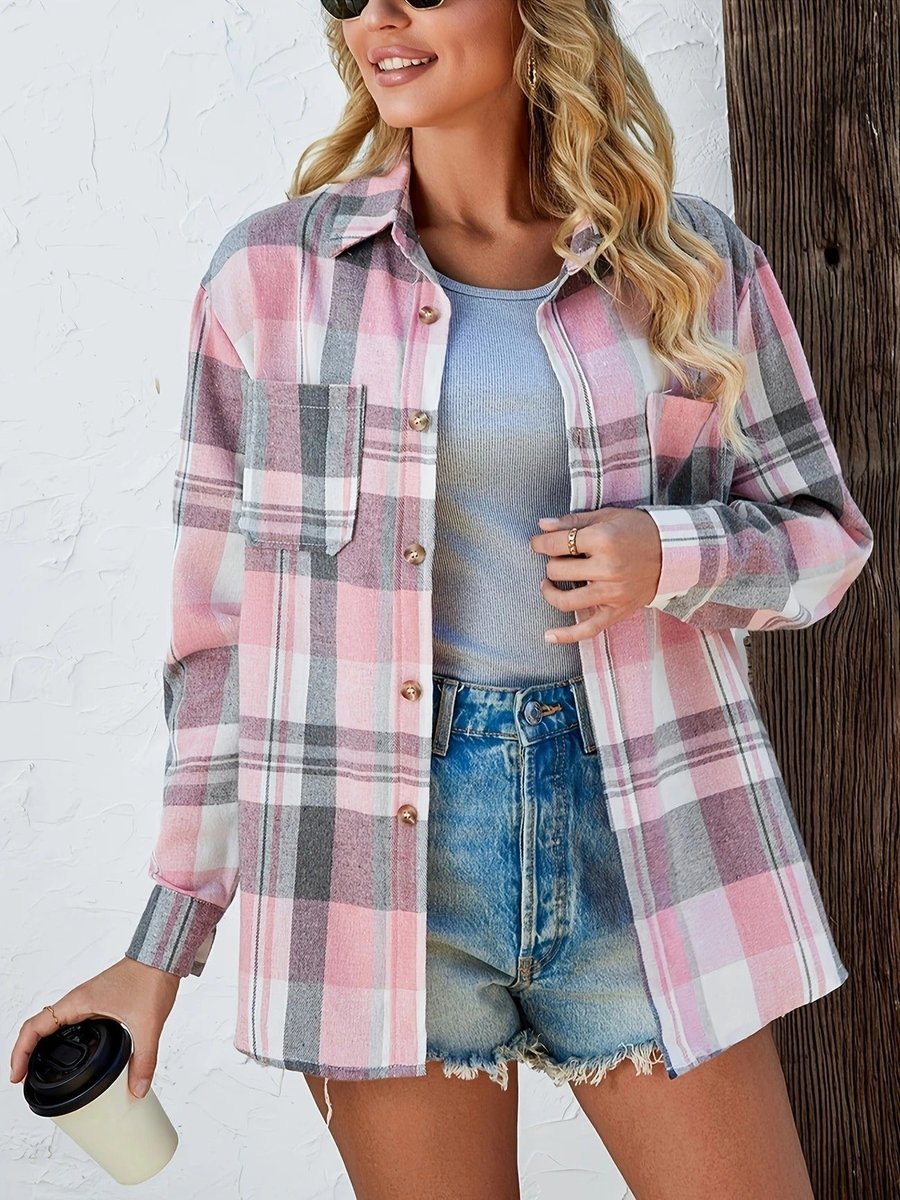 Women's Oversized Plaid Flannel Open-Front Cardigan Shirt