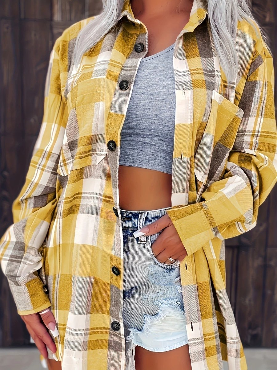 Women's Oversized Plaid Flannel Open-Front Cardigan Shirt - Yellow
