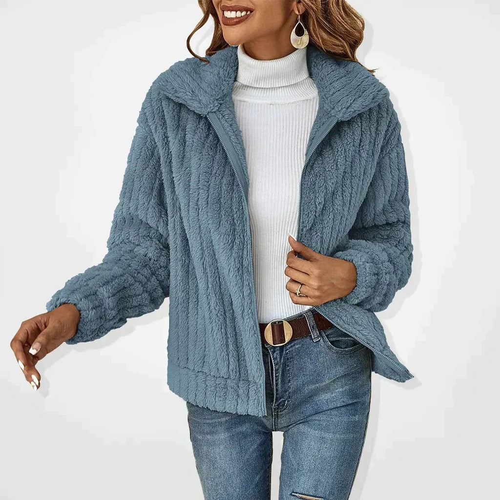 Women's Oversized Plush Fleece Zip-Up Cardigan Jacket - Blue
