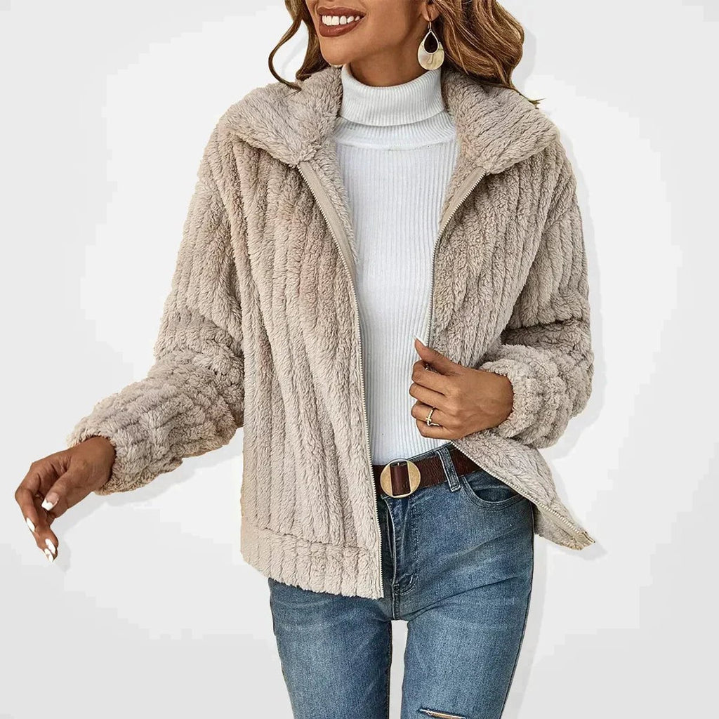 Women's Oversized Plush Fleece Zip-Up Cardigan Jacket - Beige