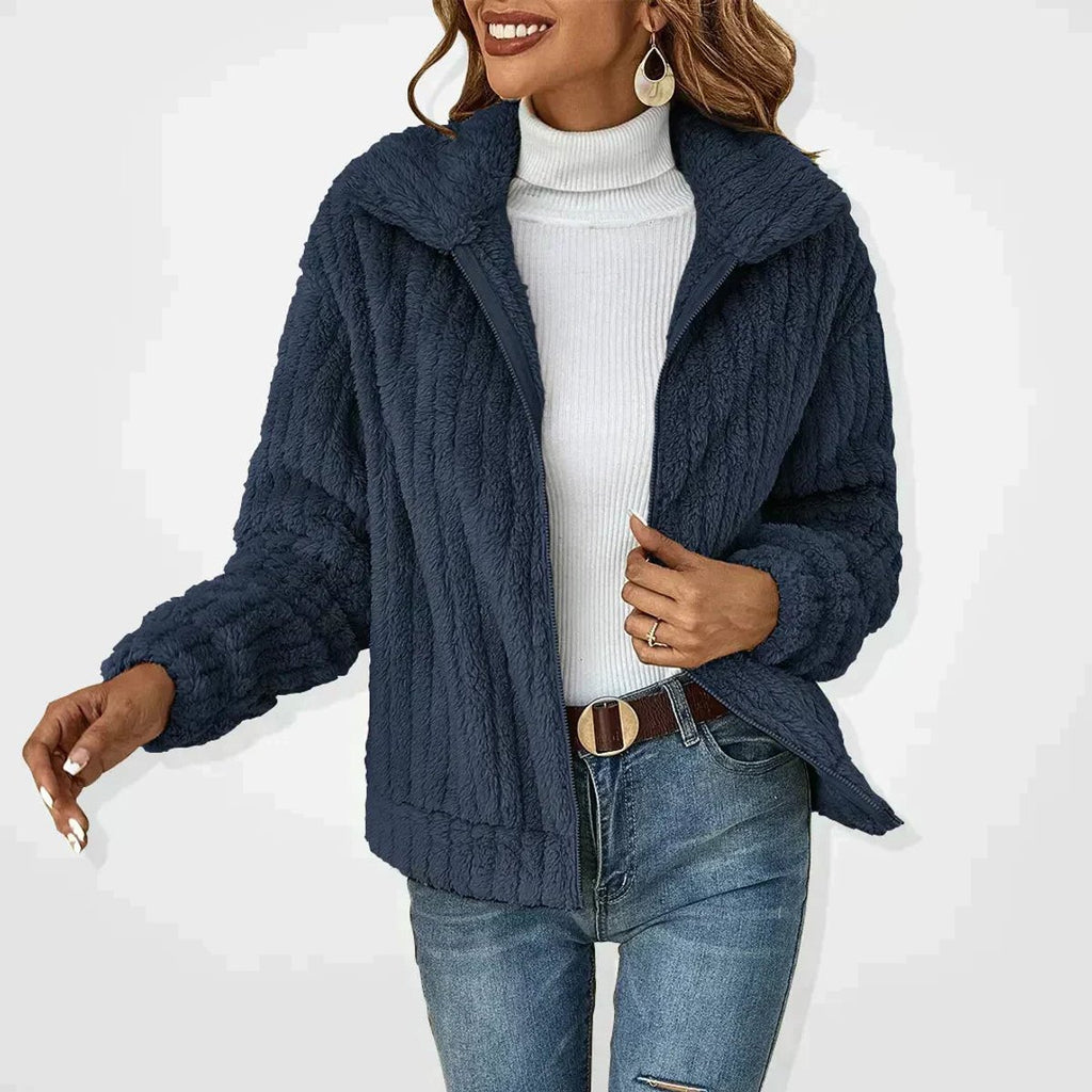 Women's Oversized Plush Fleece Zip-Up Cardigan Jacket - Navy Blue