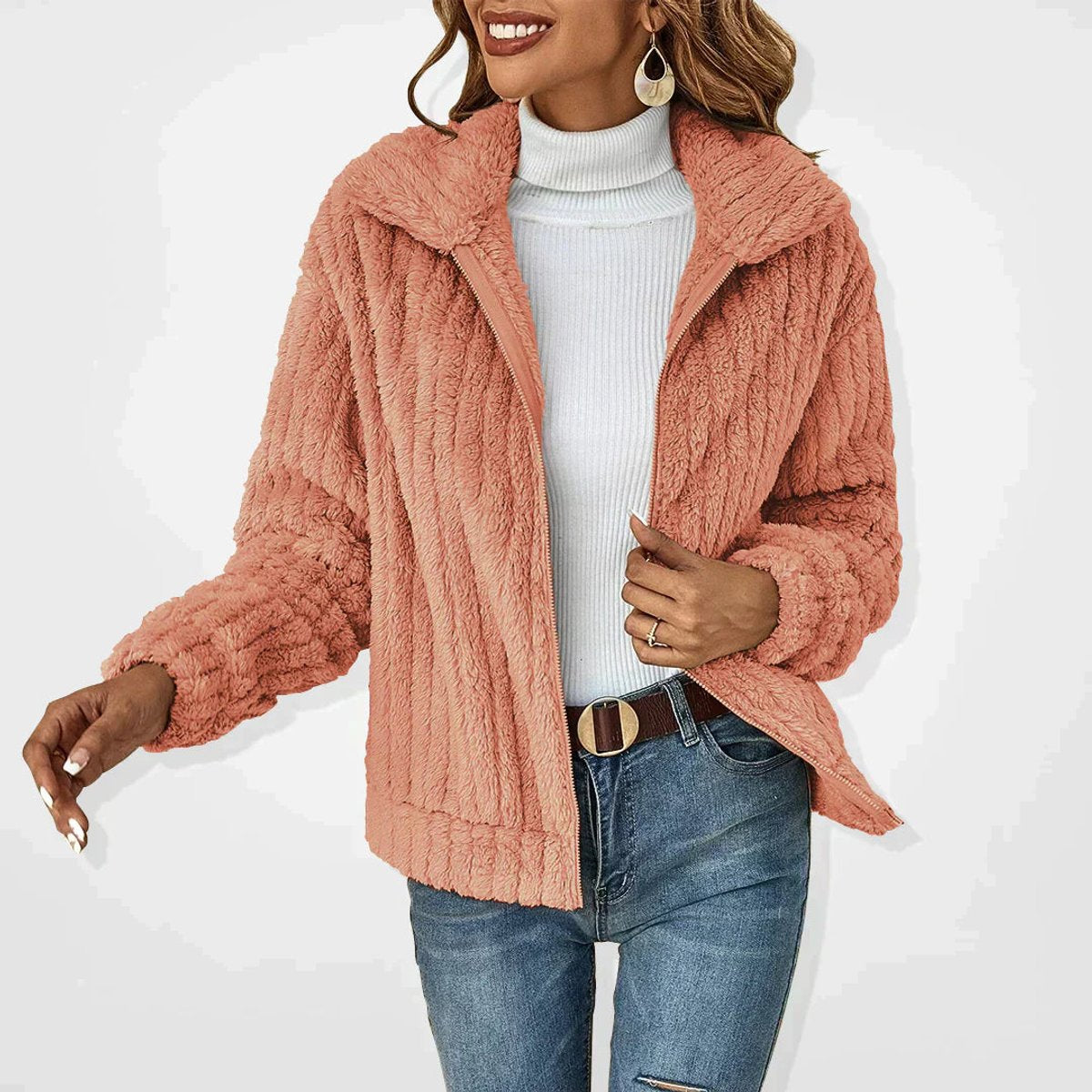Women's Oversized Plush Fleece Zip-Up Cardigan Jacket - Pink