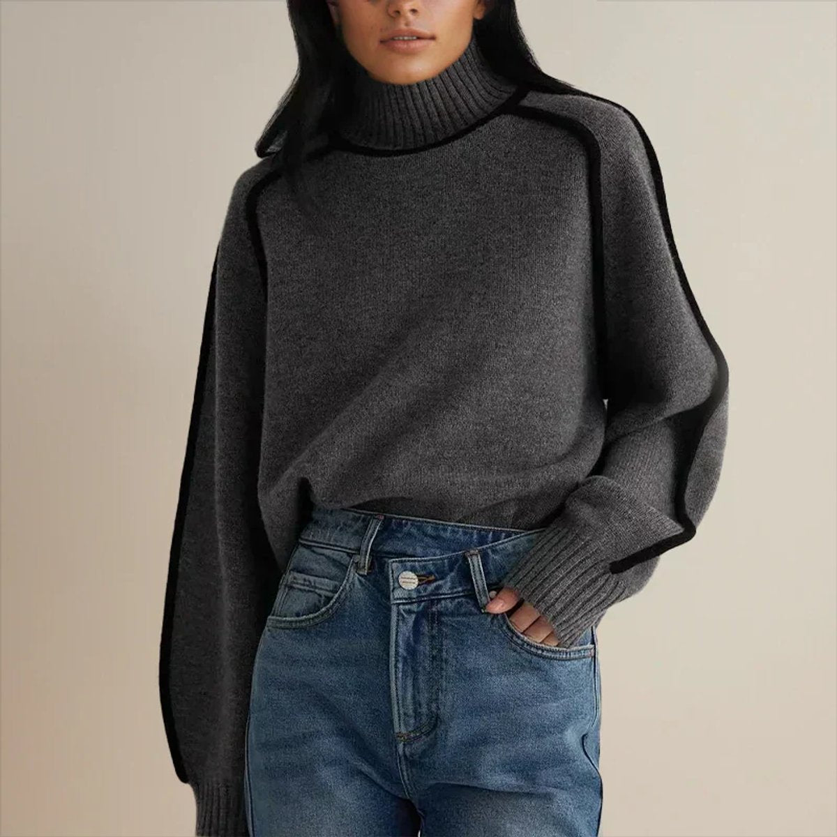Women's Oversized Turtleneck Contrast-Stripe Knit Sweater - Gray