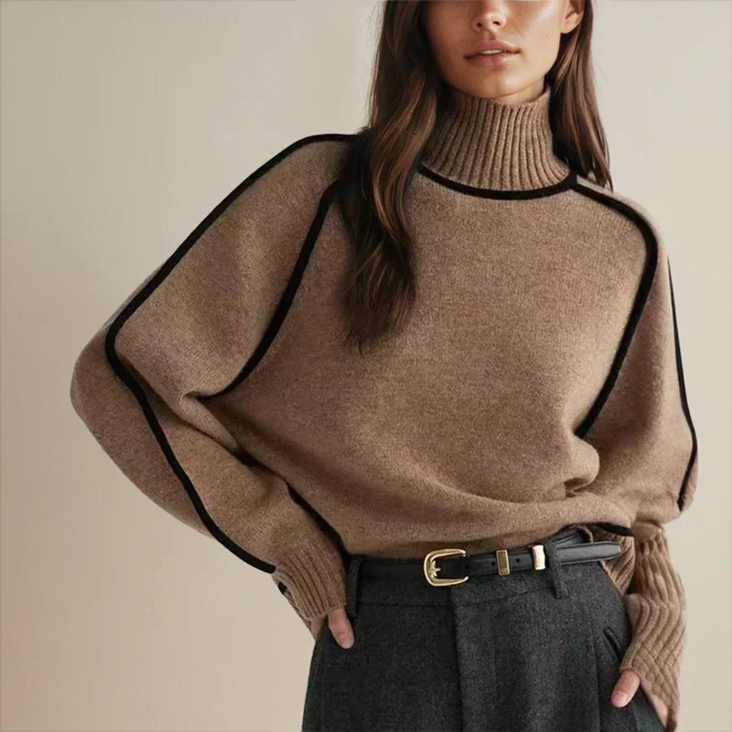 Women's Oversized Turtleneck Contrast-Stripe Knit Sweater