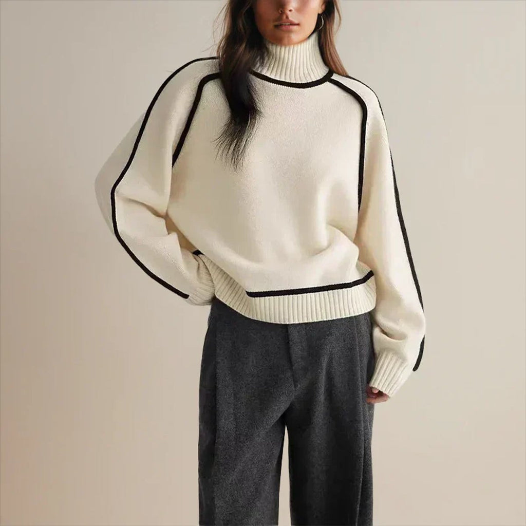 Women's Oversized Turtleneck Contrast-Stripe Knit Sweater - White