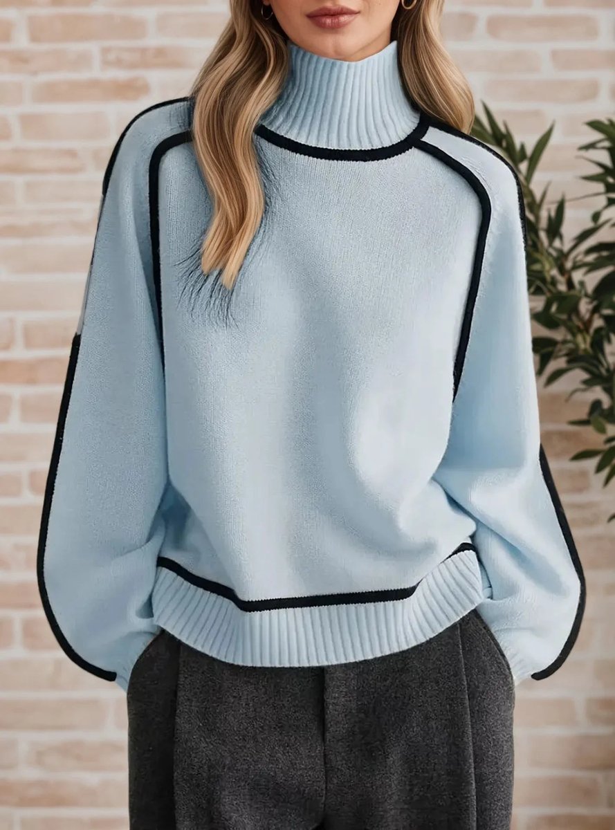 Women's Oversized Turtleneck Contrast-Stripe Knit Sweater - Blue