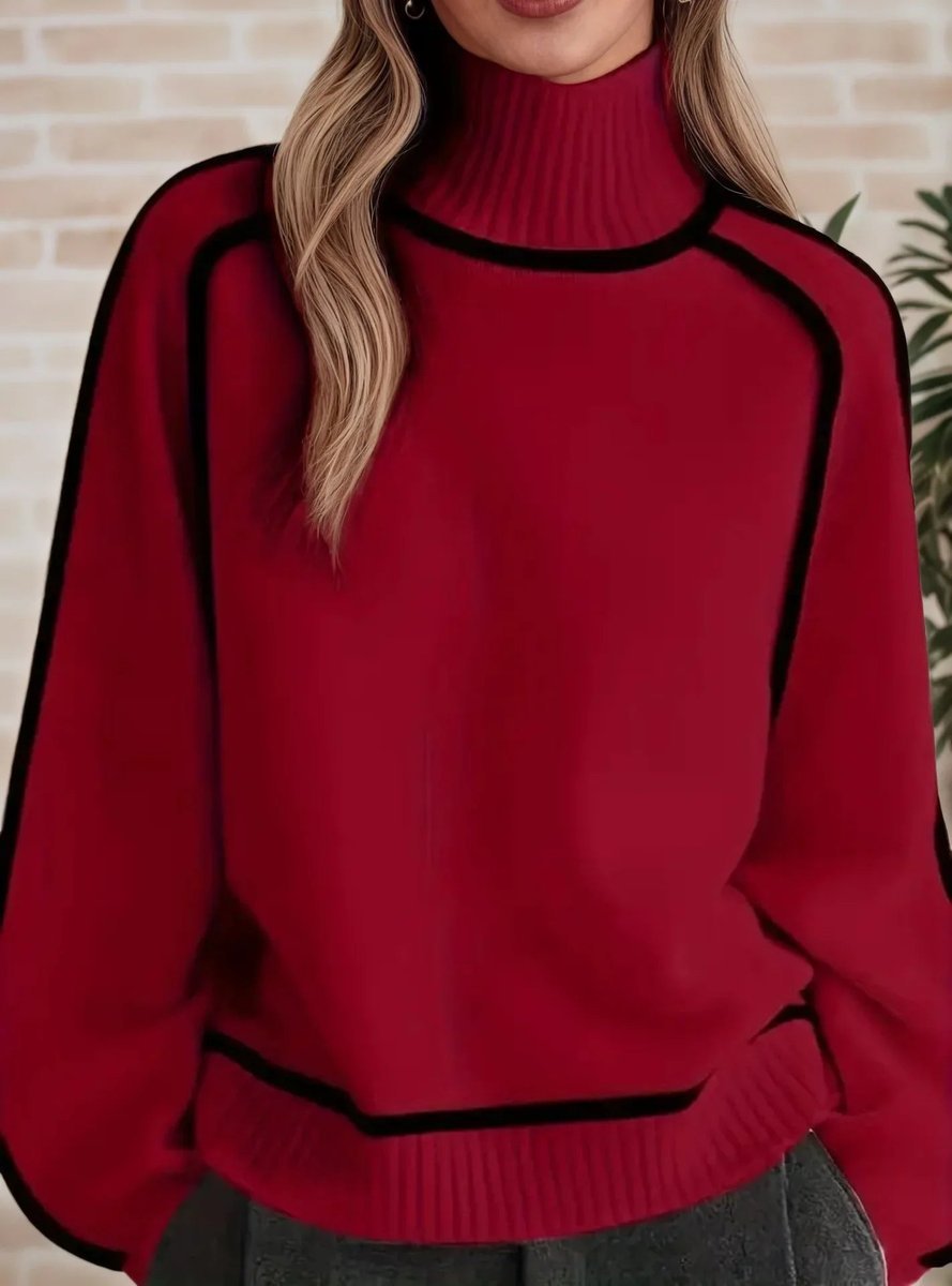 Women's Oversized Turtleneck Contrast-Stripe Knit Sweater - Red