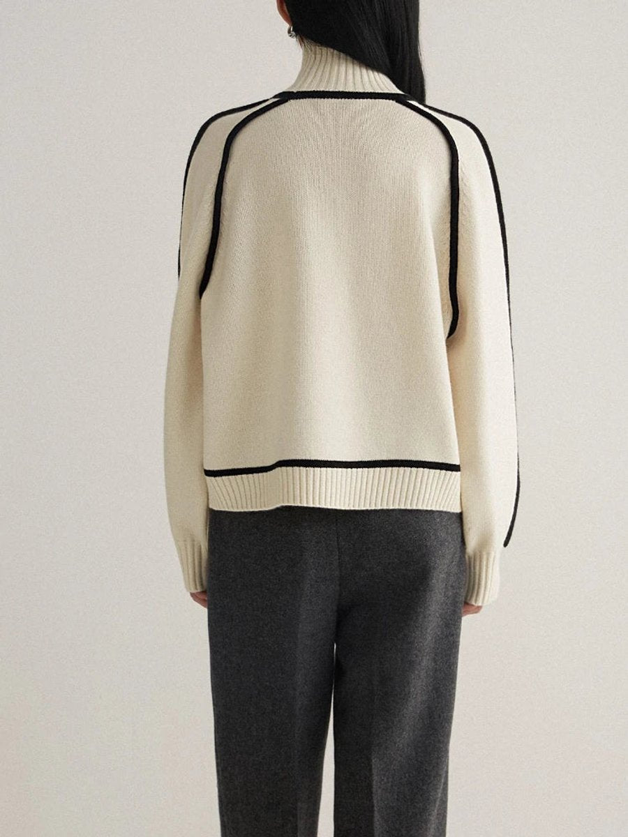 Women's Oversized Turtleneck Contrast-Stripe Knit Sweater