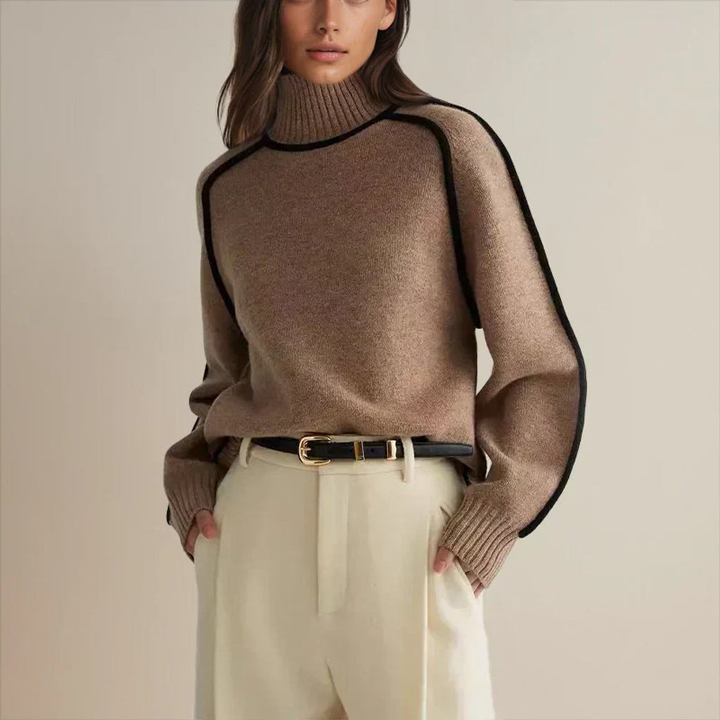 Women's Oversized Turtleneck Contrast-Stripe Knit Sweater - Brown