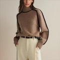 Women's Oversized Turtleneck Contrast-Stripe Knit Sweater - Brown