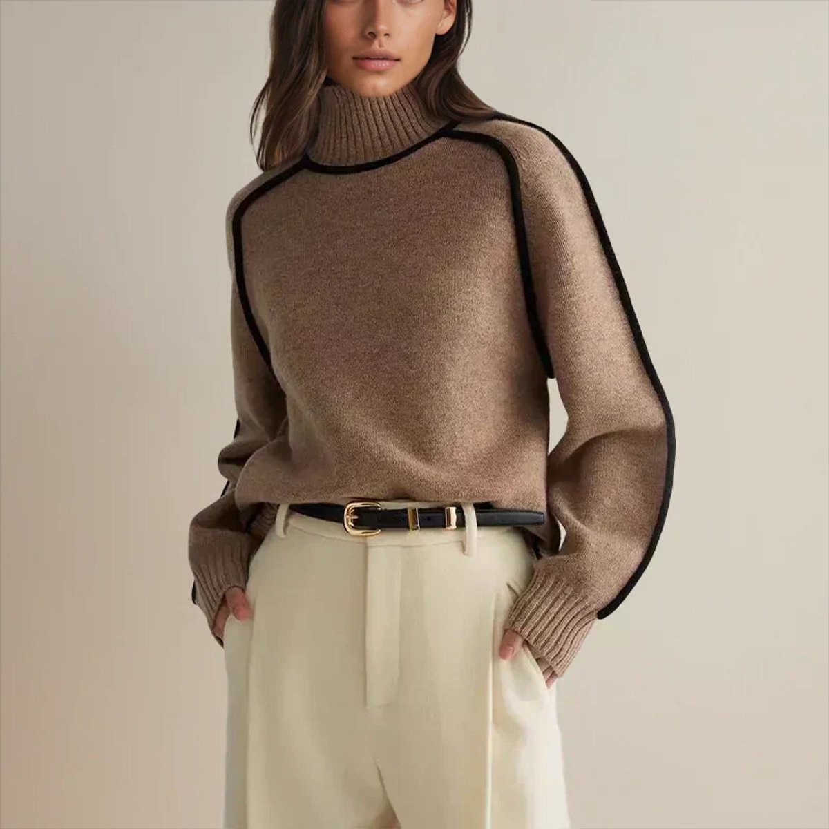 Women's Oversized Turtleneck Contrast-Stripe Knit Sweater - Brown
