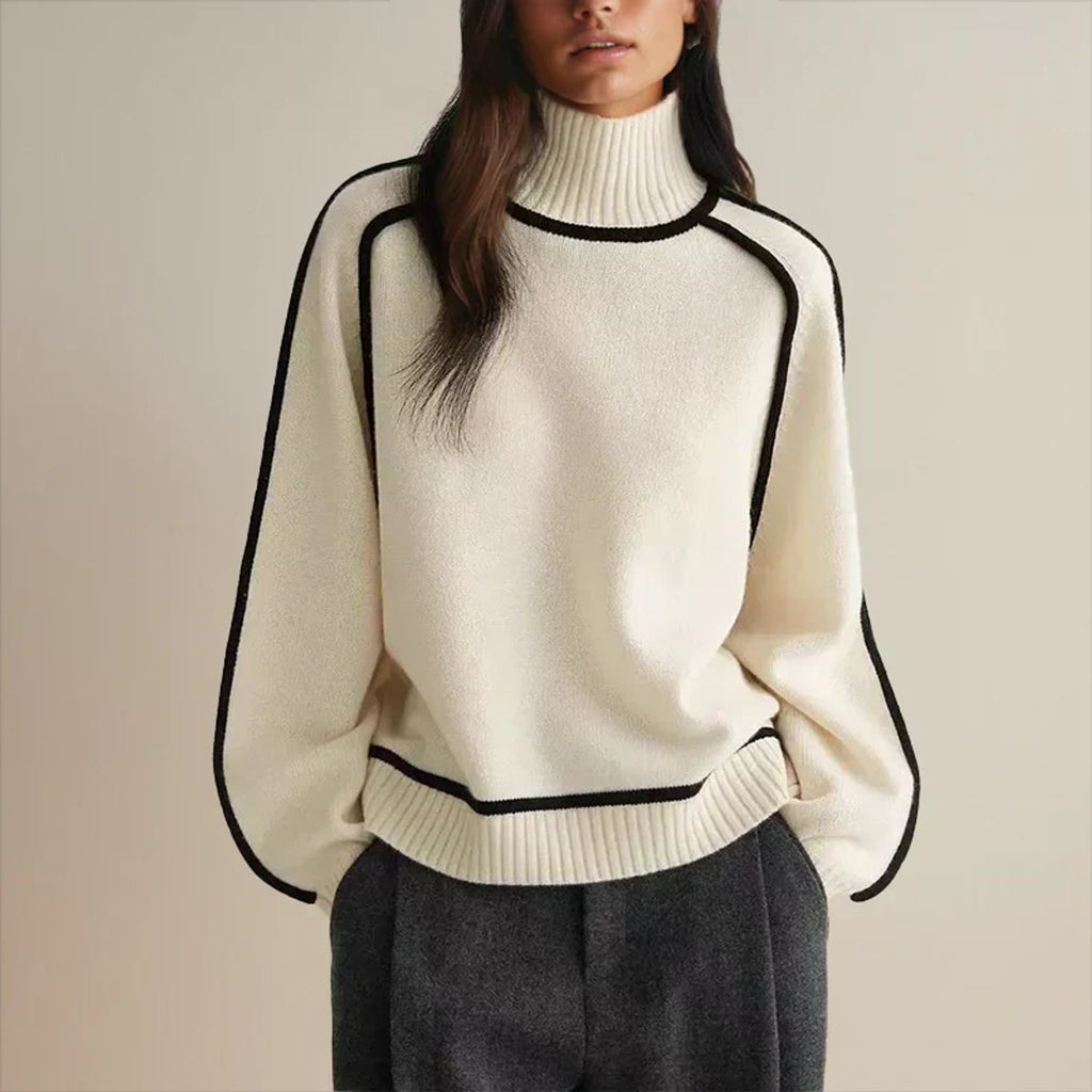Women's Oversized Turtleneck Contrast-Stripe Knit Sweater