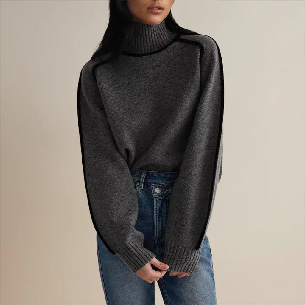 Women's Oversized Turtleneck Contrast-Stripe Knit Sweater