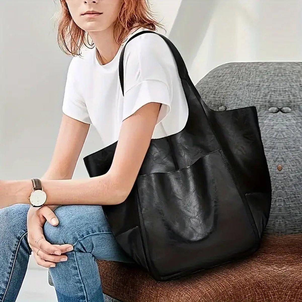 Women's Oversized Vegan Leather Magnetic-Closure Tote Bag