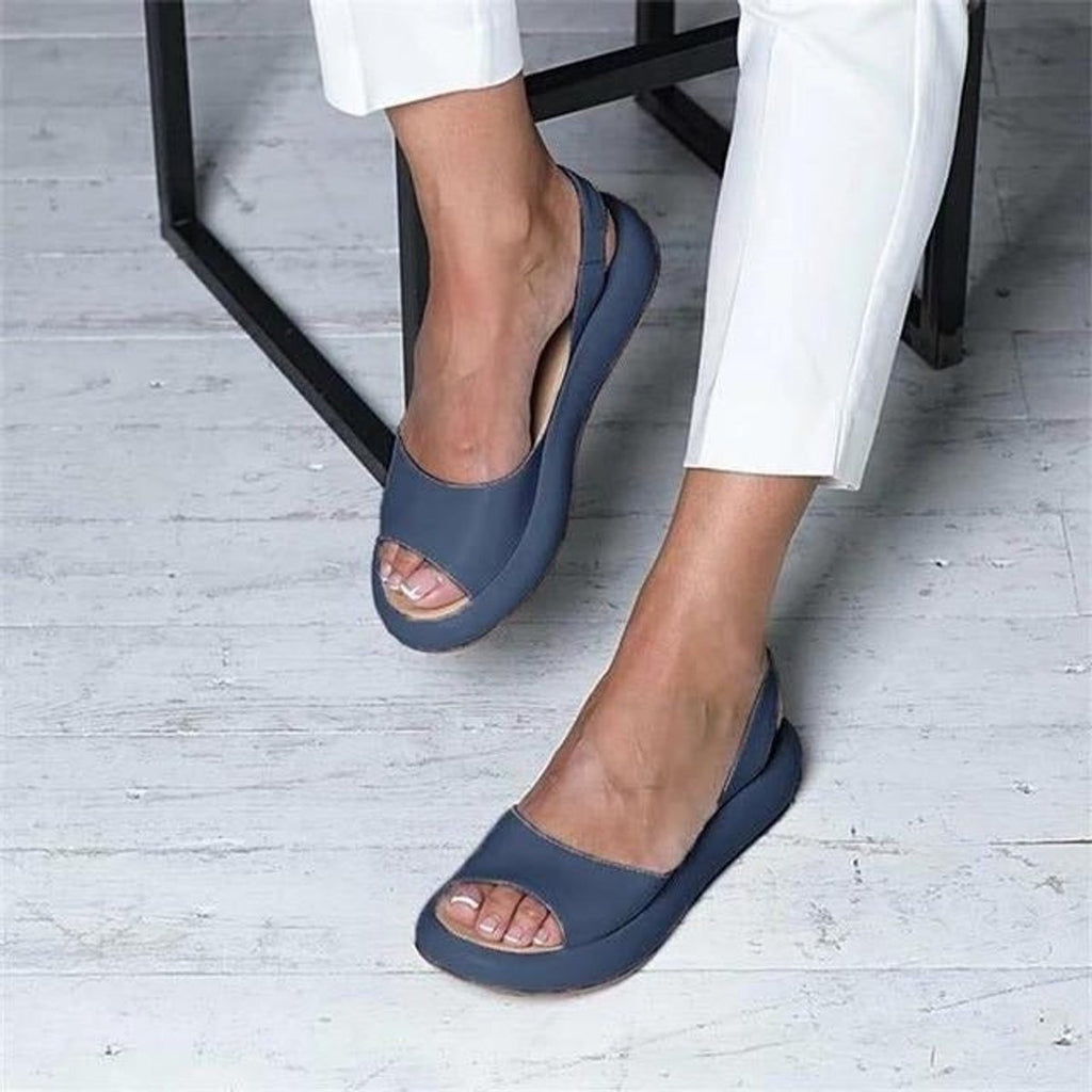 Women's Peep Toe Cushioned Flat Comfortable Sandals Slingback - Blue