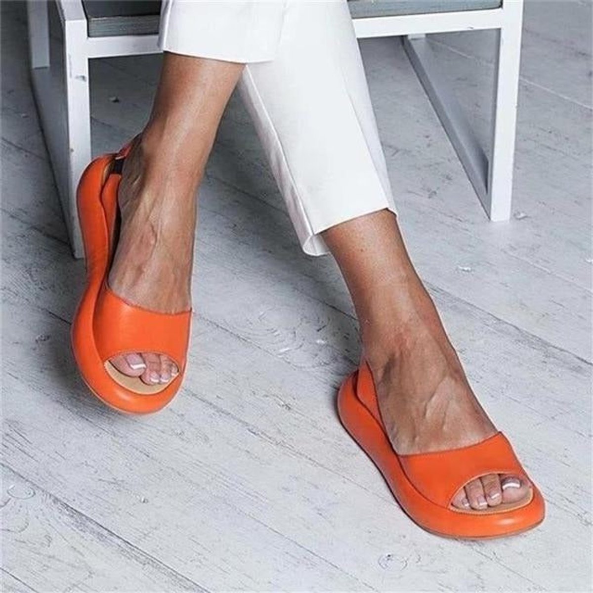 Women's Peep Toe Cushioned Flat Comfortable Sandals Slingback - Orange