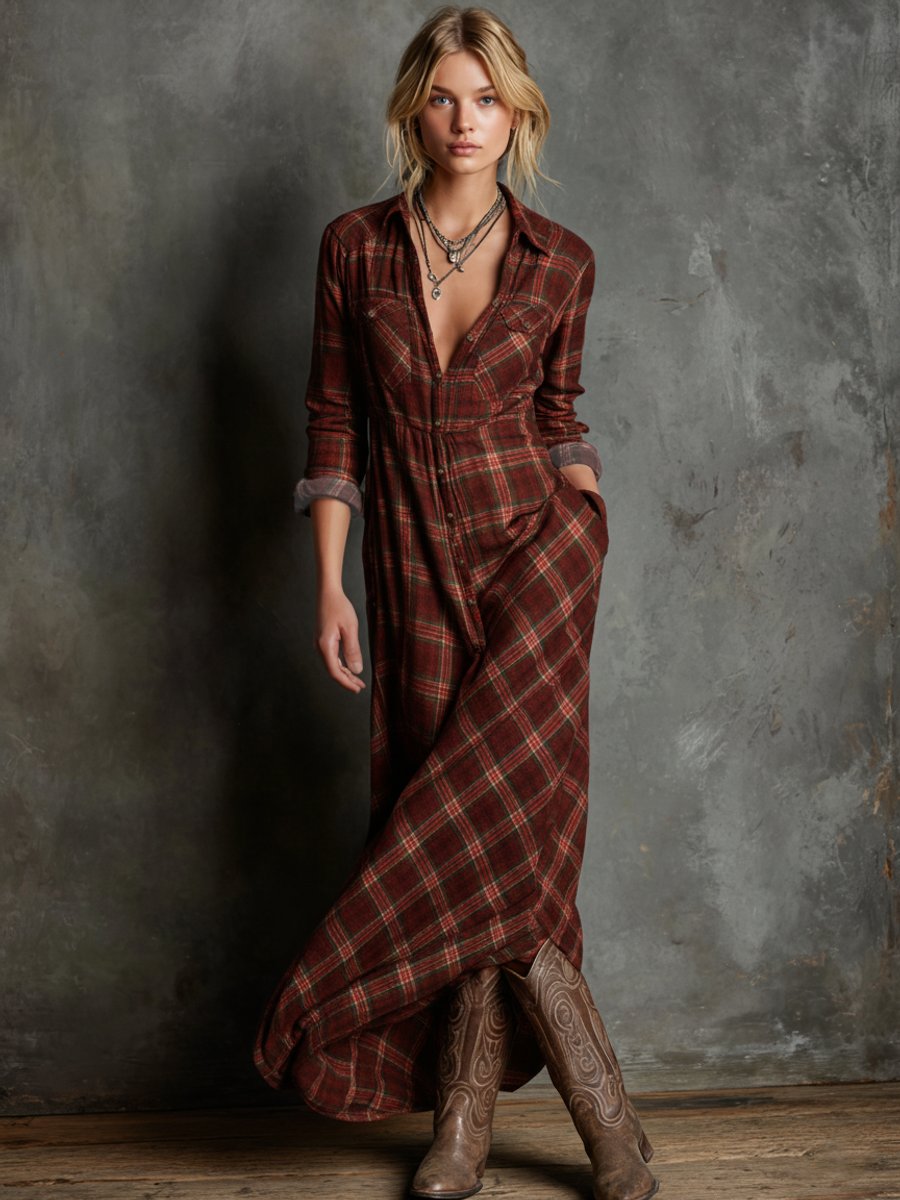 Women's Plaid Flannel Maxi Shirt Formal Dresses Long Sleeve - Red