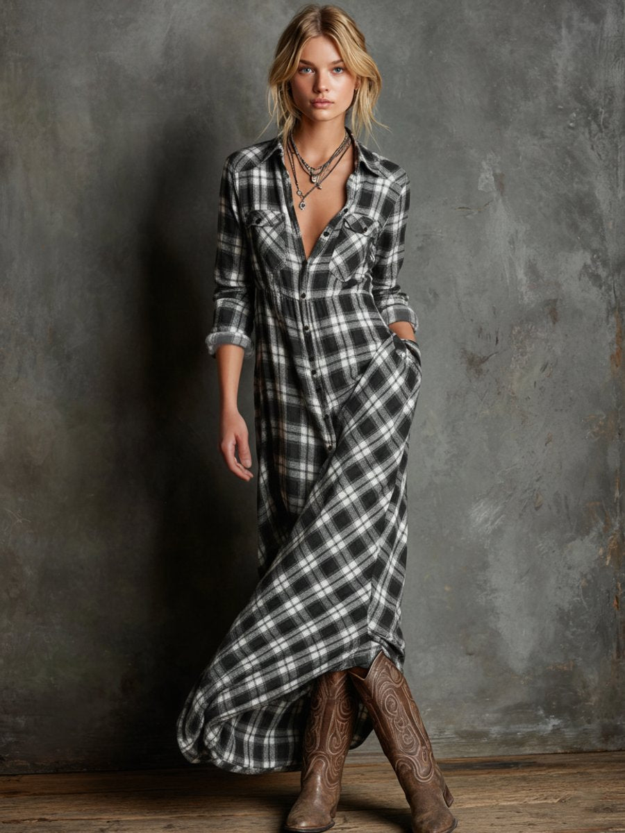 Women's Plaid Flannel Maxi Shirt Formal Dresses Long Sleeve - Black