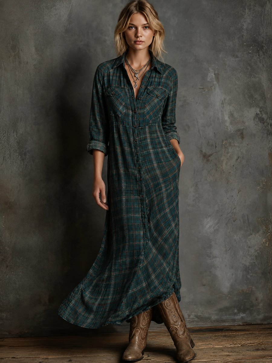 Women's Plaid Flannel Maxi Shirt Formal Dresses Long Sleeve - Green