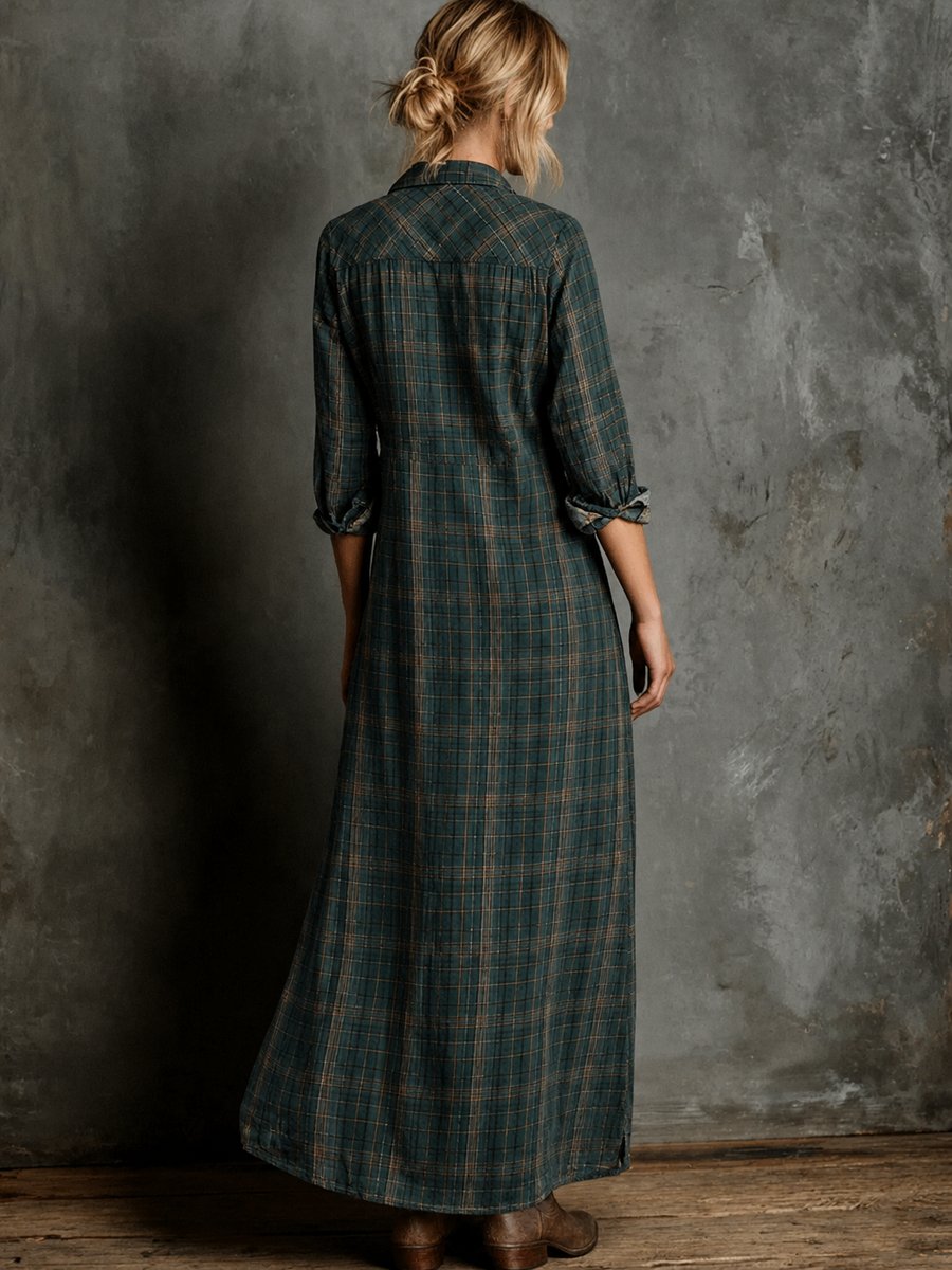 Women's Plaid Flannel Maxi Shirt Formal Dresses Long Sleeve