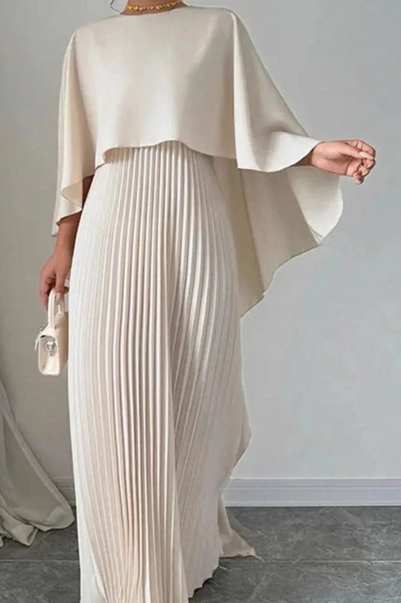 Women's Pleated Cape Overlay Maxi Evening Gown - Beige