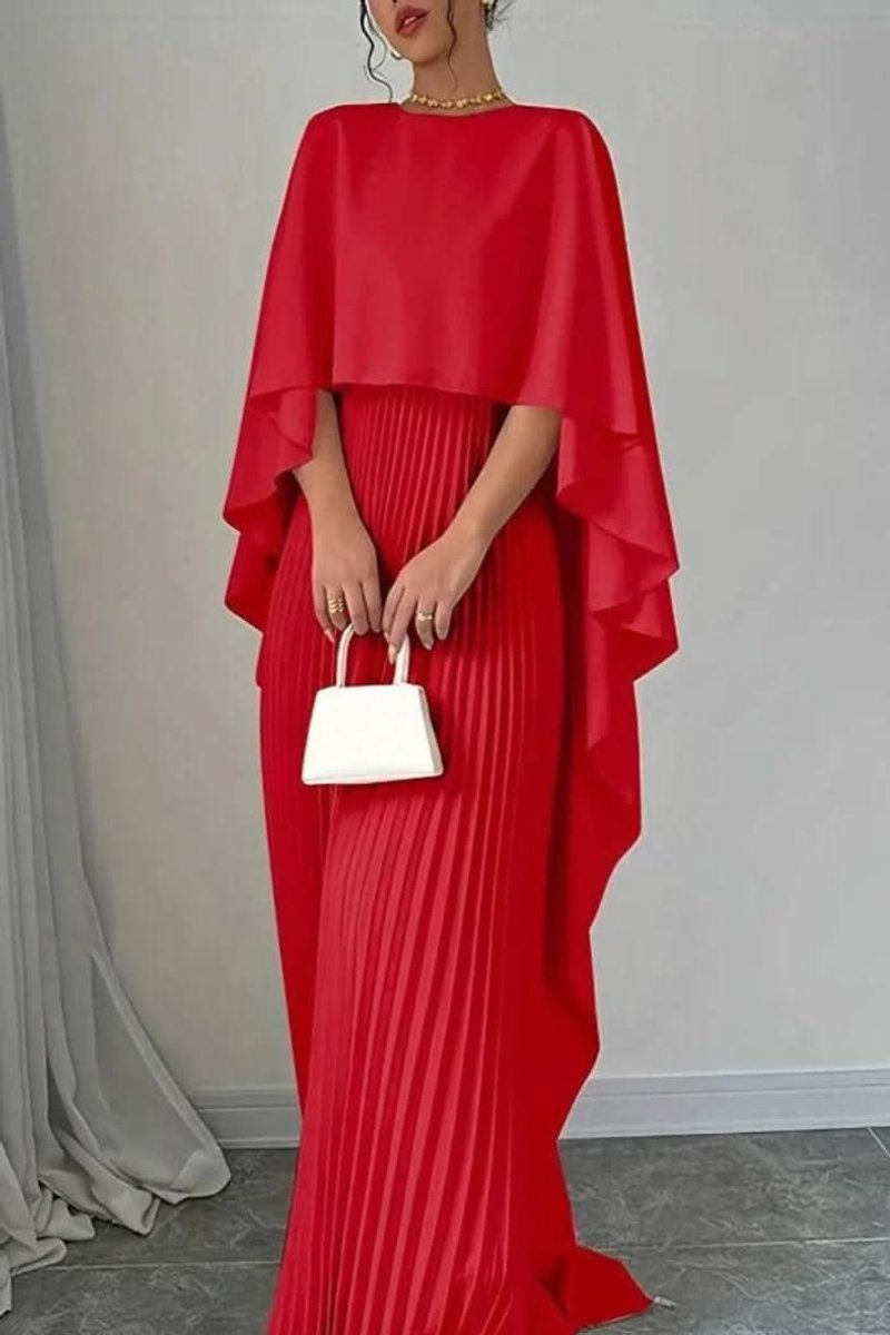 Women's Pleated Cape Overlay Maxi Evening Gown - Red