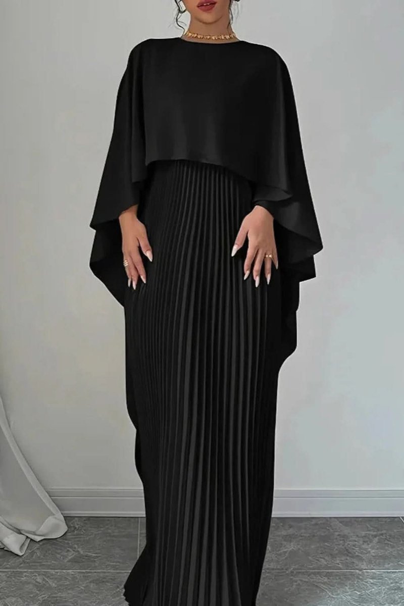 Women's Pleated Cape Overlay Maxi Evening Gown - Black