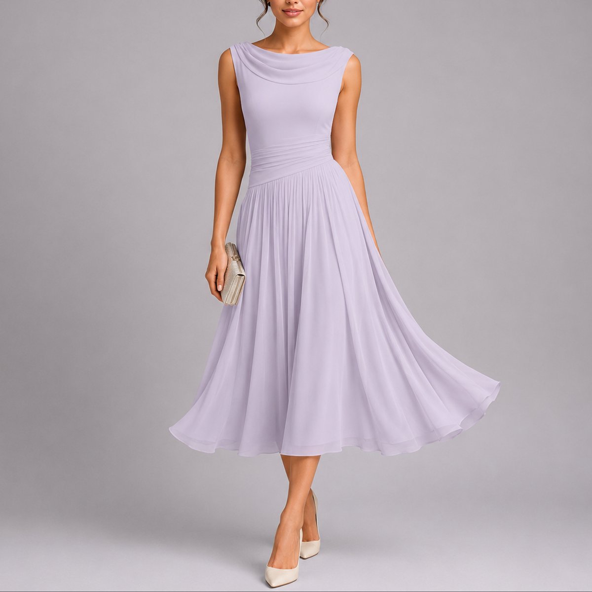 Women's Pleated Chiffon Cowl-Neck Midi Fall Wedding Guest Dress - Purple