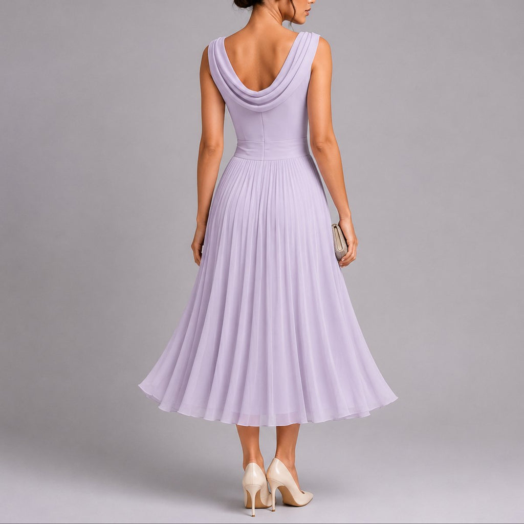 Women's Pleated Chiffon Cowl-Neck Midi Fall Wedding Guest Dress